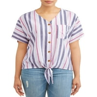 Ženska kratka rukava lanena bluza sa dugmetom Down Tie bluza