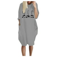 FESFESFES Ljetne haljine za žensku labavu mačku Ispis Jumper haljina prevelika haljina od dugih rukava sa