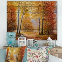 Designart' Sunrise Glow Through the Autumn Trees ' Lake House Print na prirodnom borovom drvetu